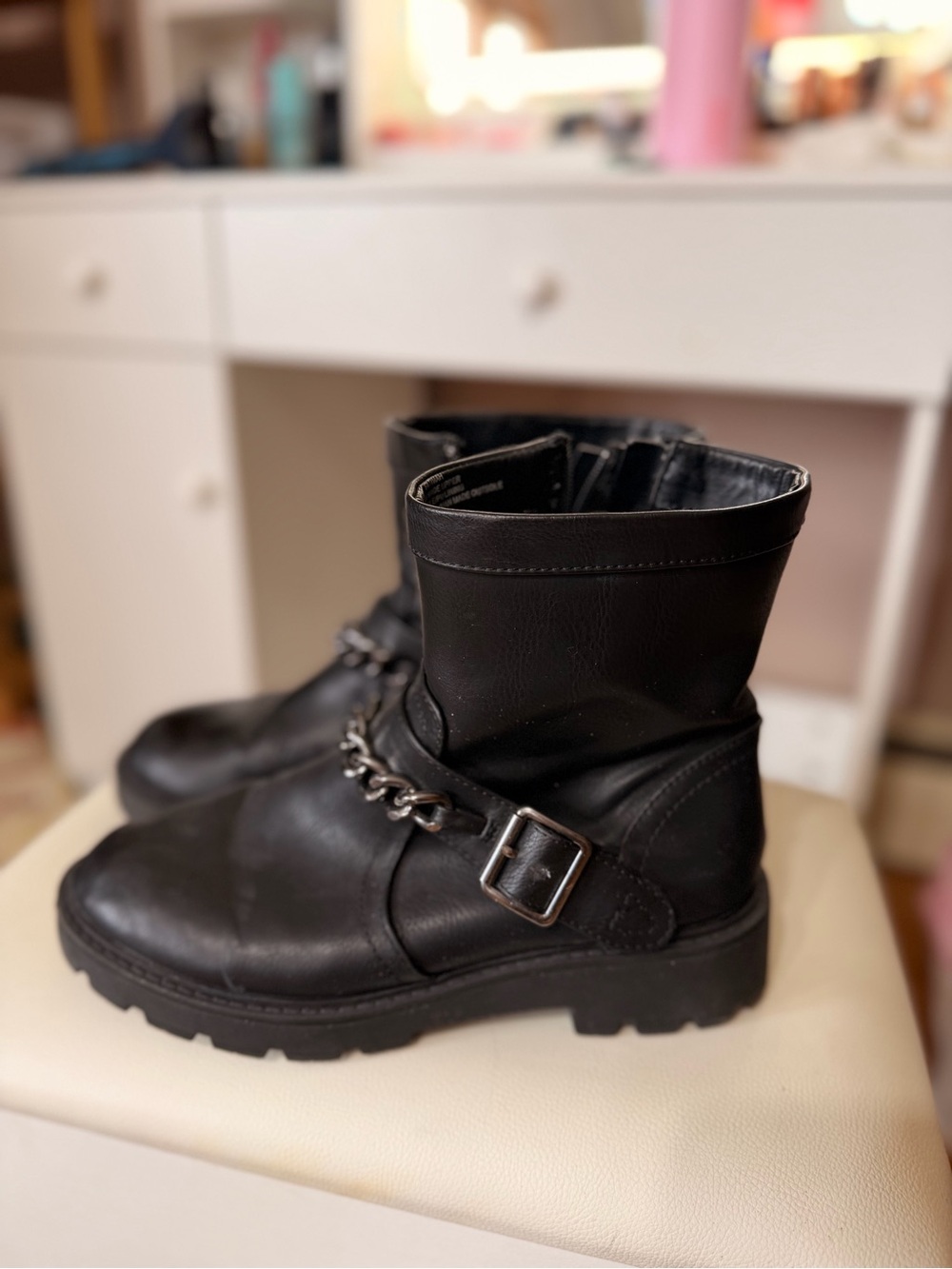 XOXO Black Leather Chain-Accent Ankle Boots